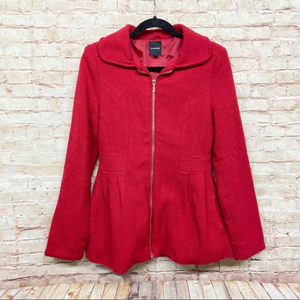 Rampage Womens Zip Front Pea Coat Size S Long Sleeve Textured Zipper-Wrist Red